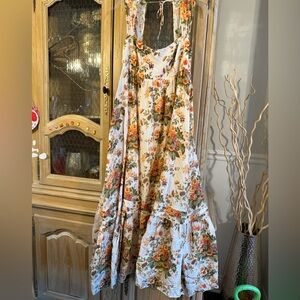Anthropologie Floral Tiered Maxi Dress in Cream with Orange & Green Roses ($198)